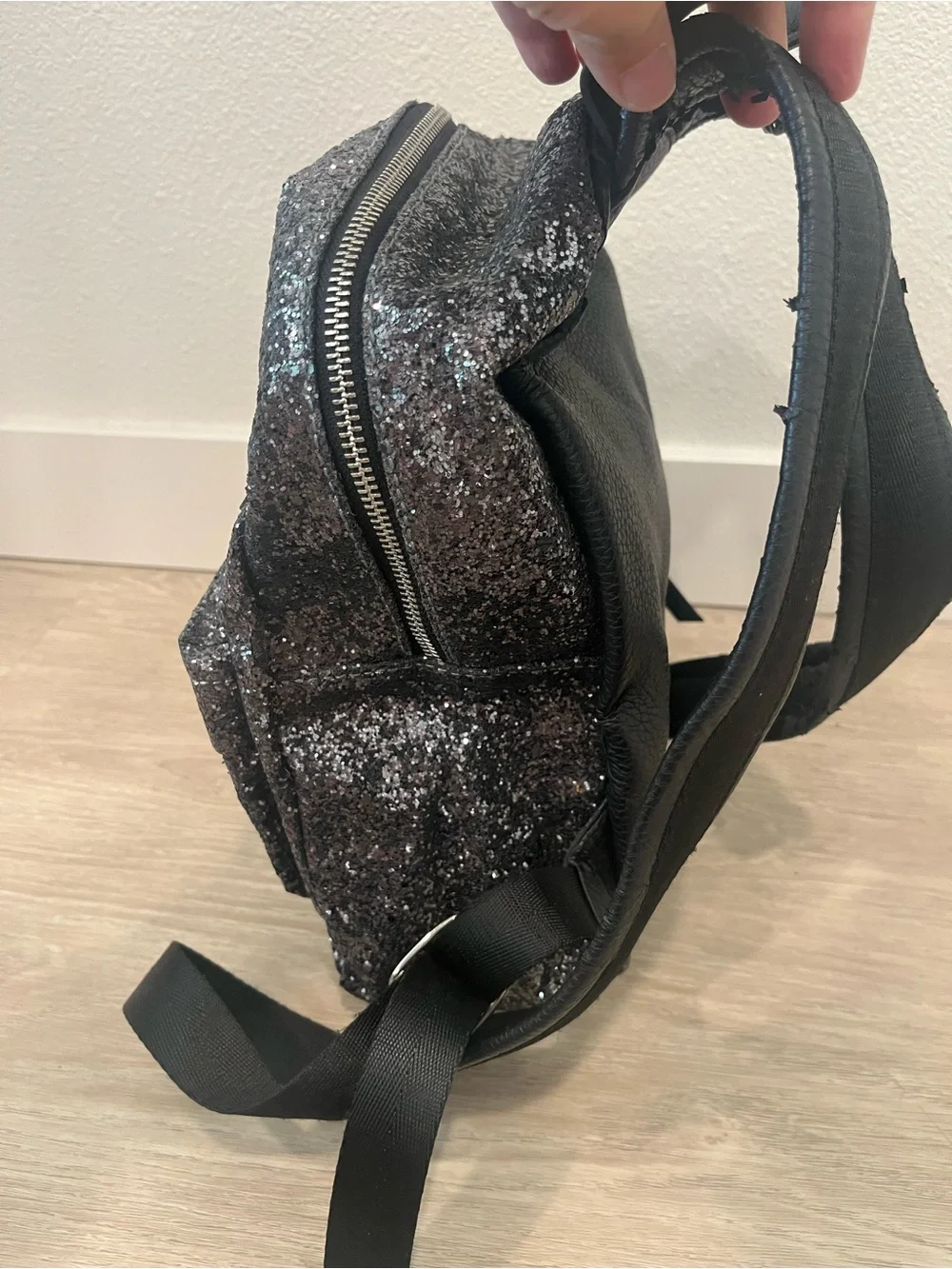 Chiara Ferragni Flirting Glitter Backpack Dark Silver Black Eye Leather Mini